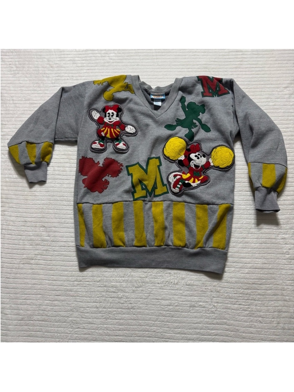 Vintage Gray Mickey Mouse Appliqué V‑Neck Sweater with Yellow Accents